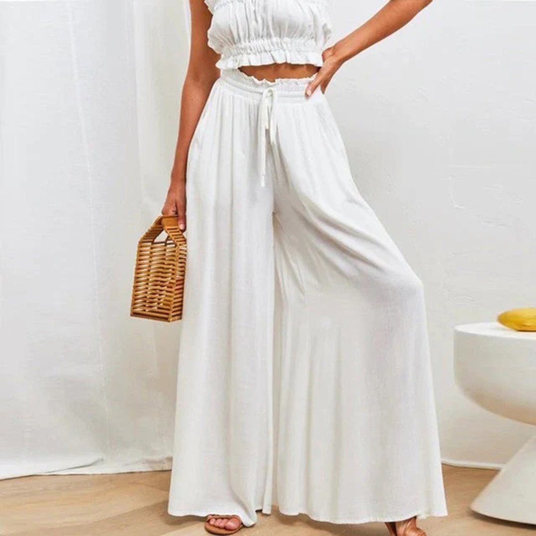 Una High Waisted Wide Leg Linen Pants with Drawstring – White