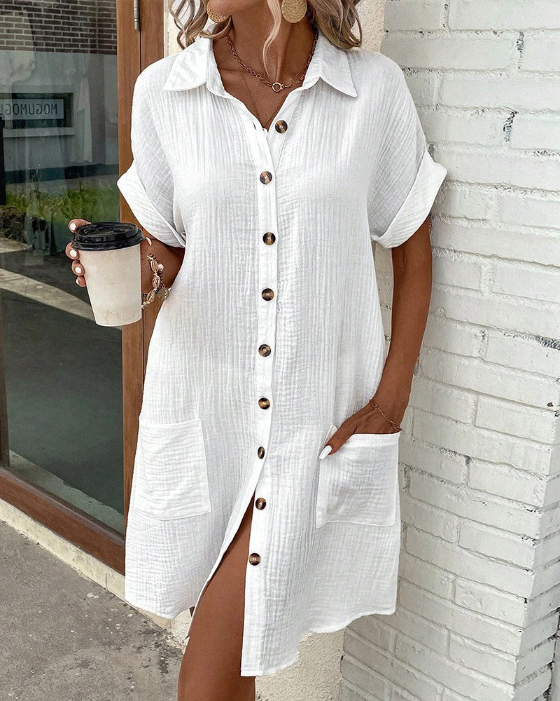 Willa Relaxed Button-Down Mini Shirt Dress with Pockets