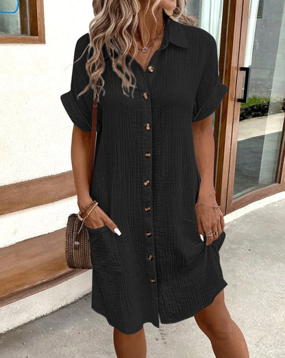 Willa Relaxed Button-Down Mini Shirt Dress with Pockets – Black