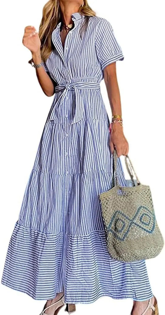 Wren Striped Tiered Maxi Shirt Dress with Tie Waist – Blue