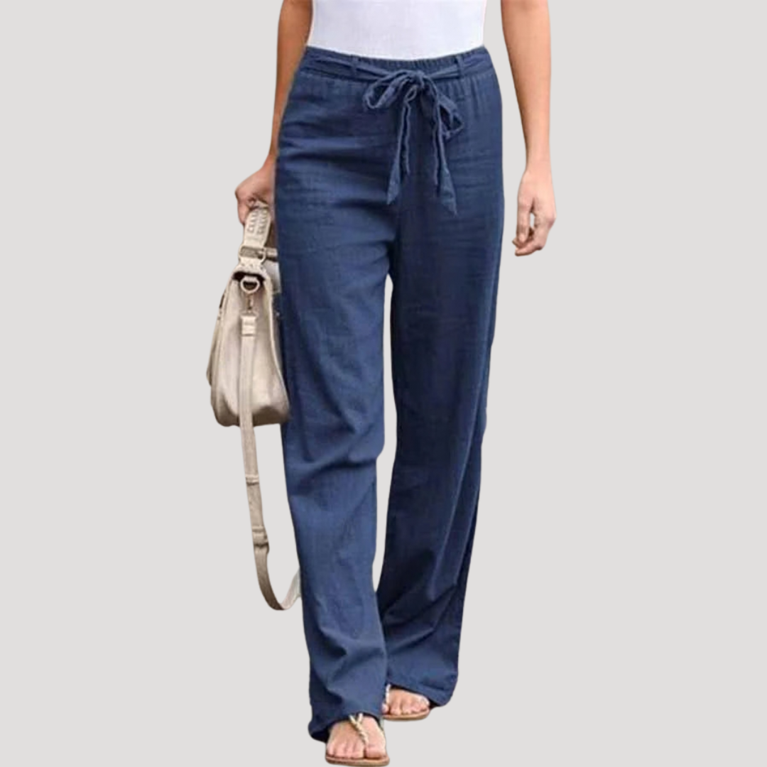Yara Elegant Linen-Look Straight Leg Pants with Tie Waist