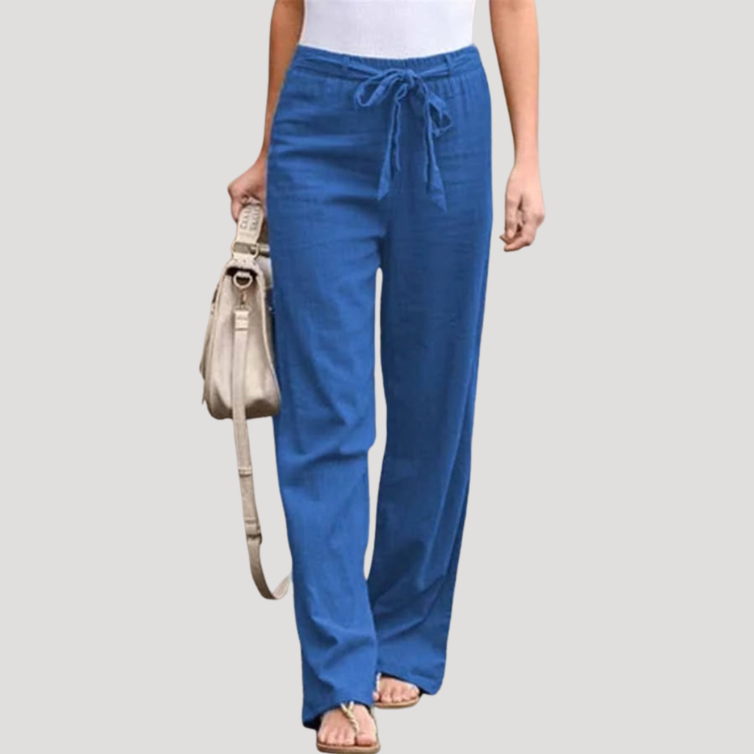 Yara Elegant Linen-Look Straight Leg Pants with Tie Waist – Blue
