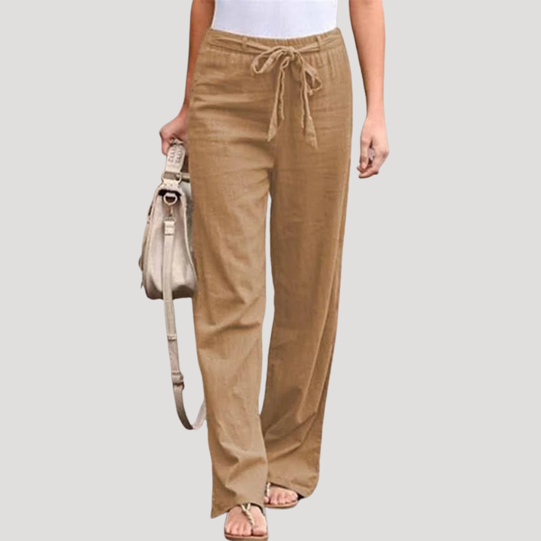Yara Elegant Linen-Look Straight Leg Pants with Tie Waist – Light Brown