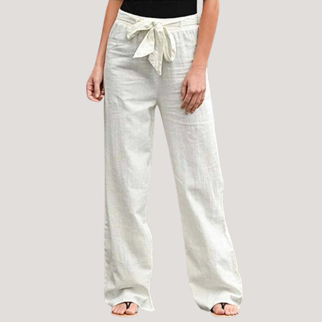 Yara Elegant Linen-Look Straight Leg Pants with Tie Waist – White